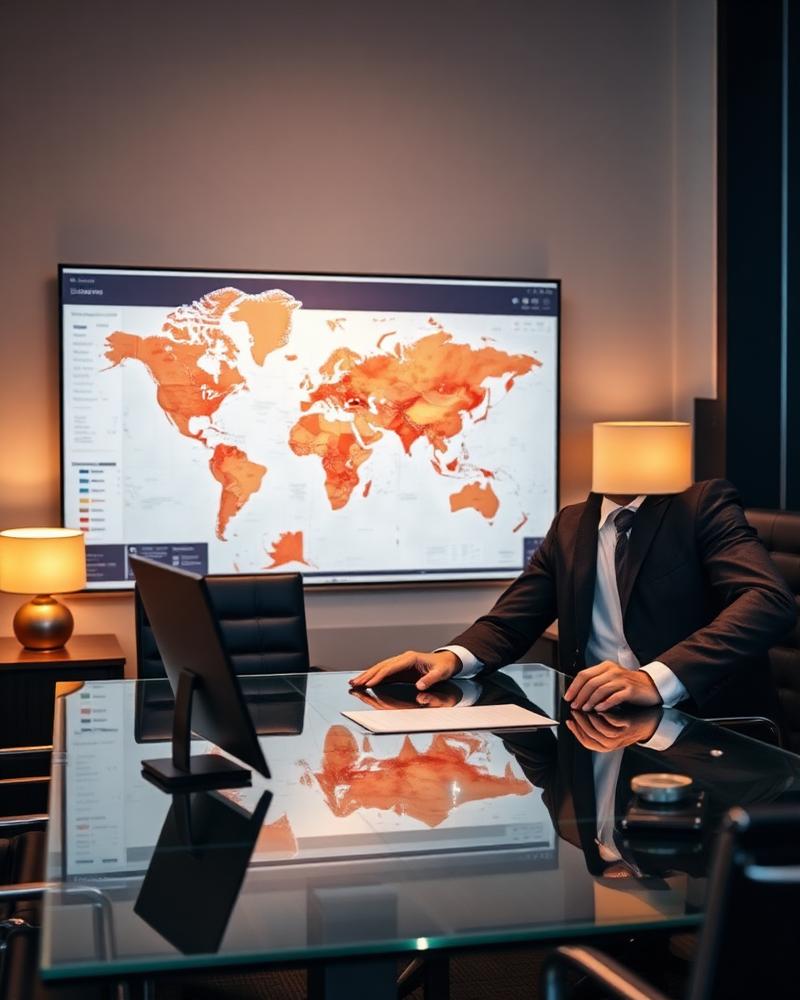 Executive reviewing a map dashboard in a boardroom