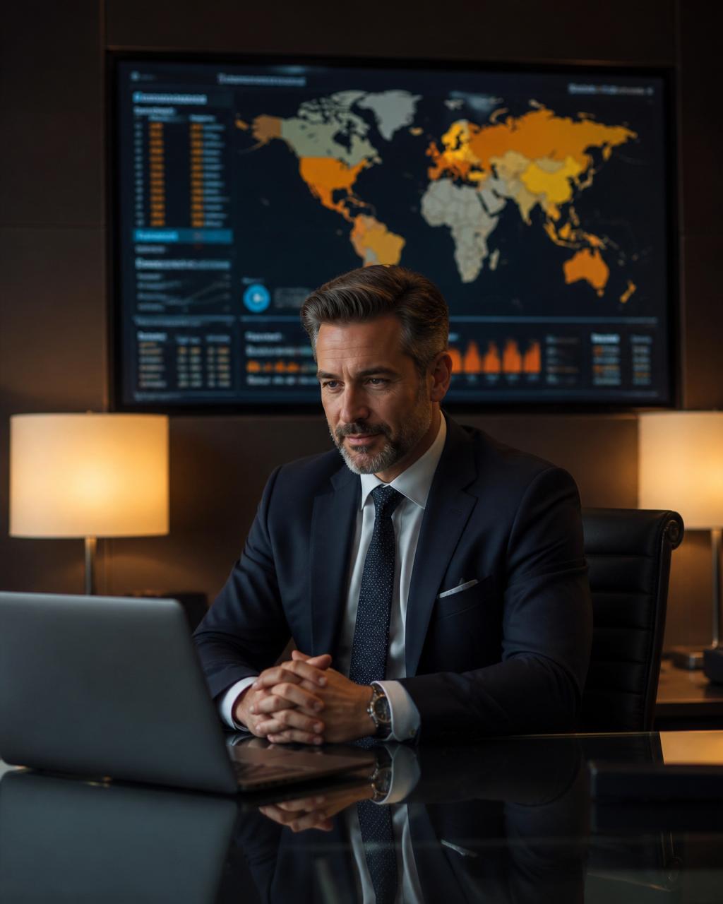 Executive reviewing a map dashboard in a boardroom