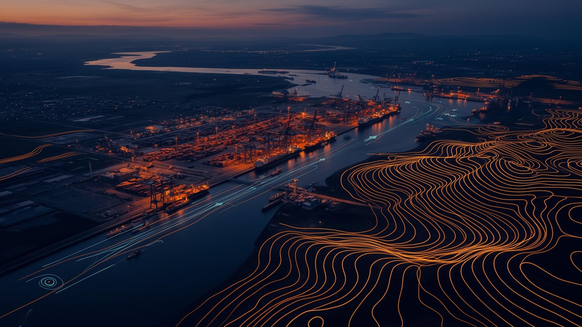 Aerial view of a port and logistics hub at dusk with topographic contour lines